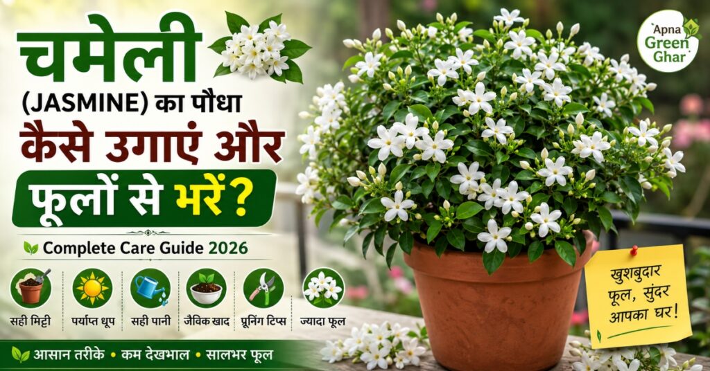 चमेली (Jasmine) का पौधा फूलों से भरा हुआ गमले में
